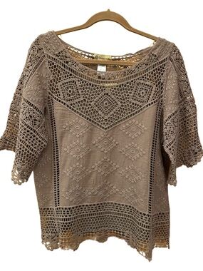 Democracy Lace Crochet Boho Top Short Sleeve Brown Taupe Overlay Lined Small NWT